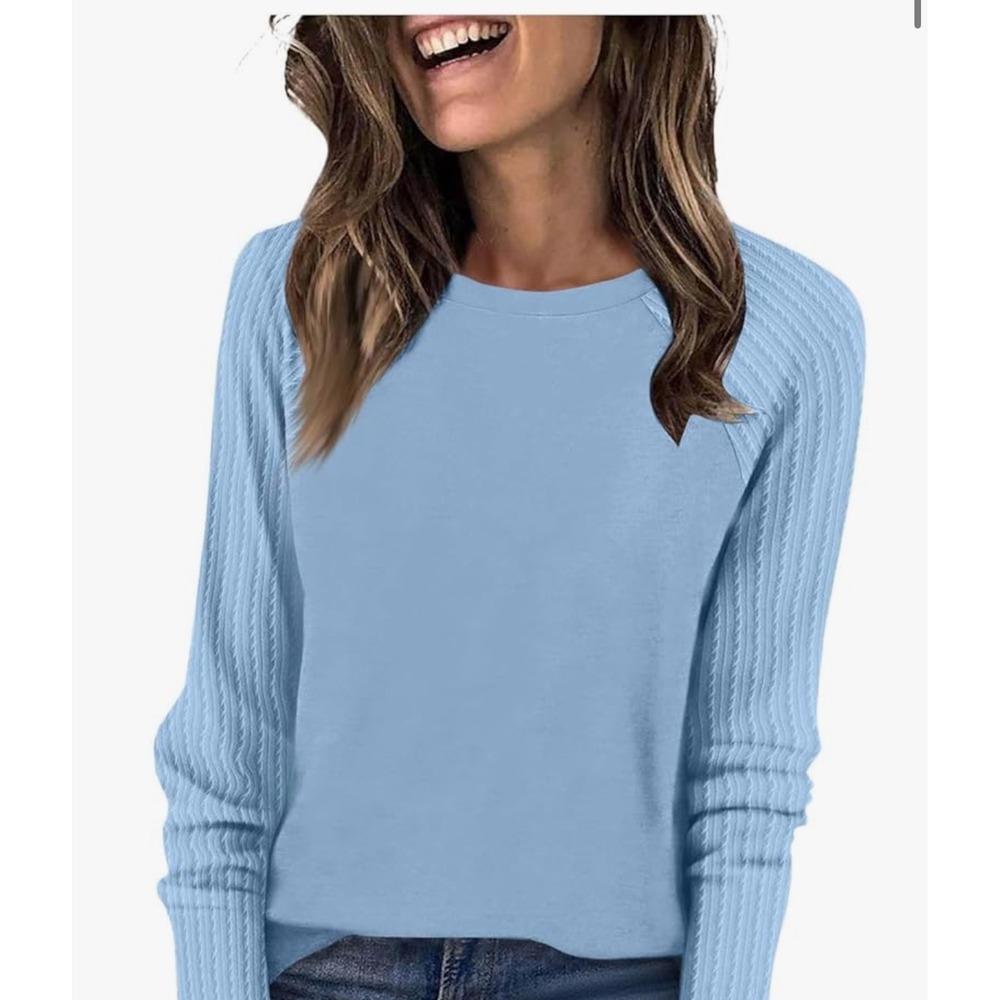Womens Light Blue Cable Knit Raglan Sleeve Crewneck‎ Sweatshirt Top Size Large
